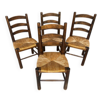 Set of 4 antique chairs georges robert brutalist wood + straw seat
