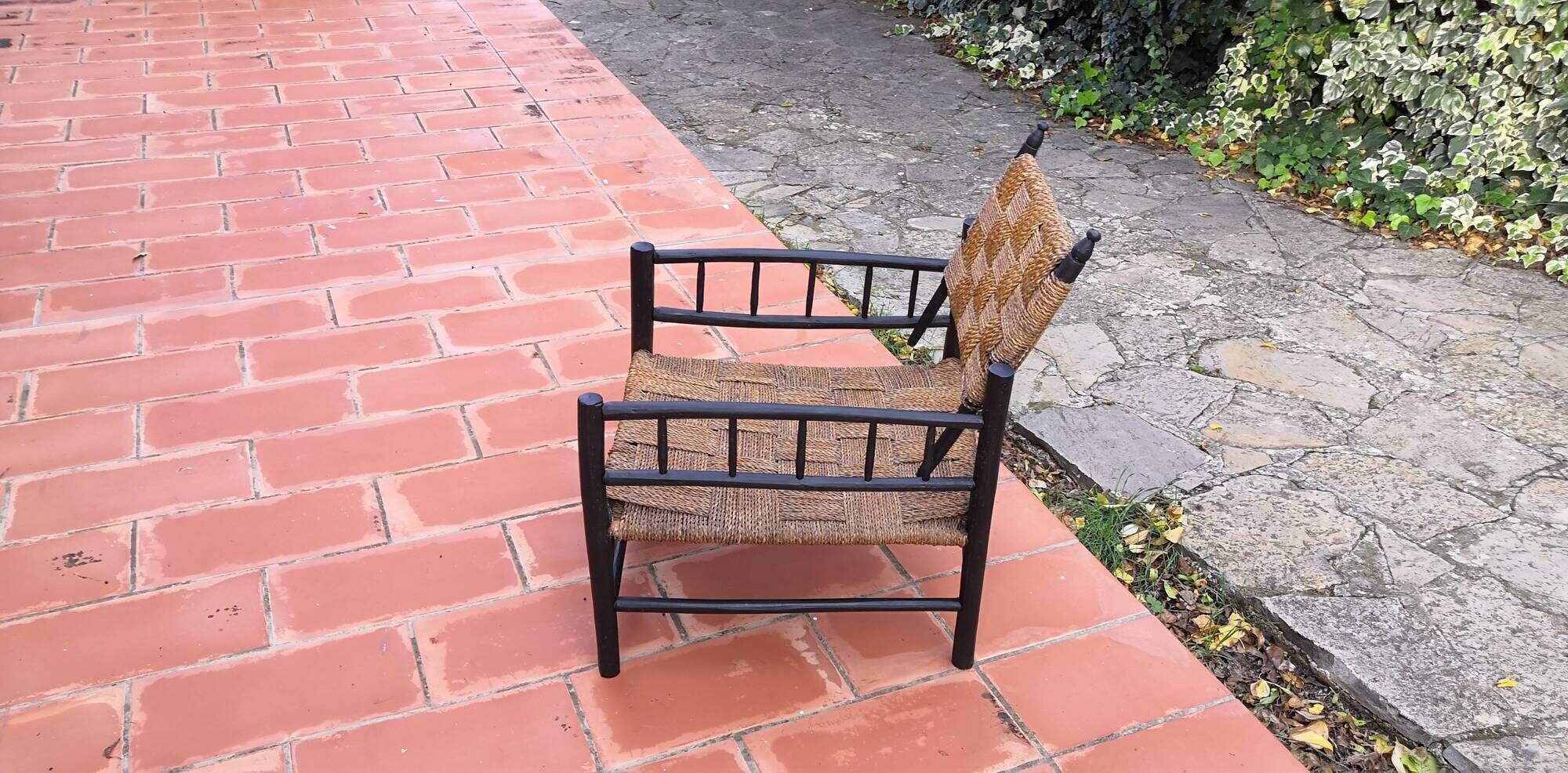 Modernist armchair in wood and braided rope, vintage 1950