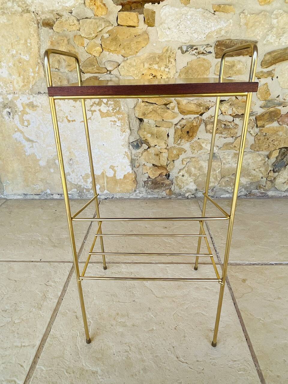 Vintage side table, 2 wooden and brass shelves, circa 1960s