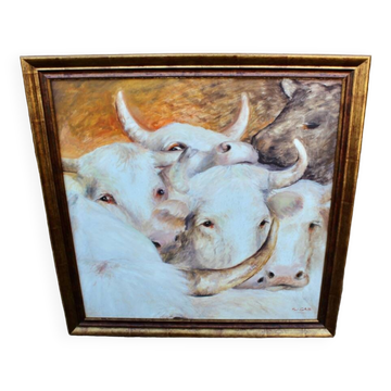 Peinture Huile sur panneau "Boeufs charolais"