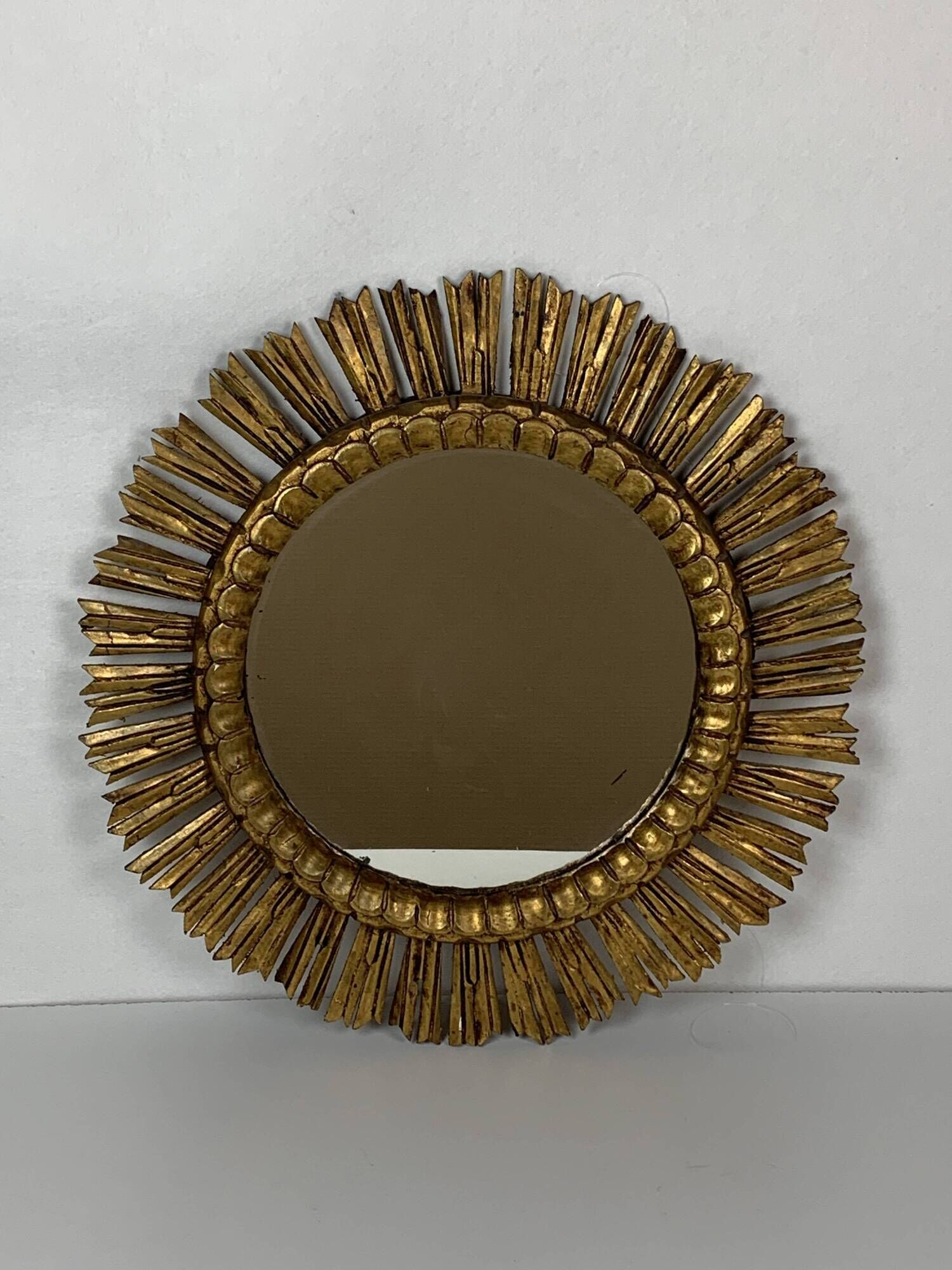 Large midcentury Spanish gold gilt wood sun or sunburst mirror, 1950s