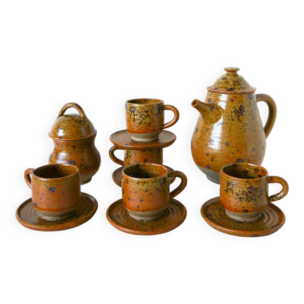 Service à café en grès vernissé composé d'une cafetière et de 5 tasses ave