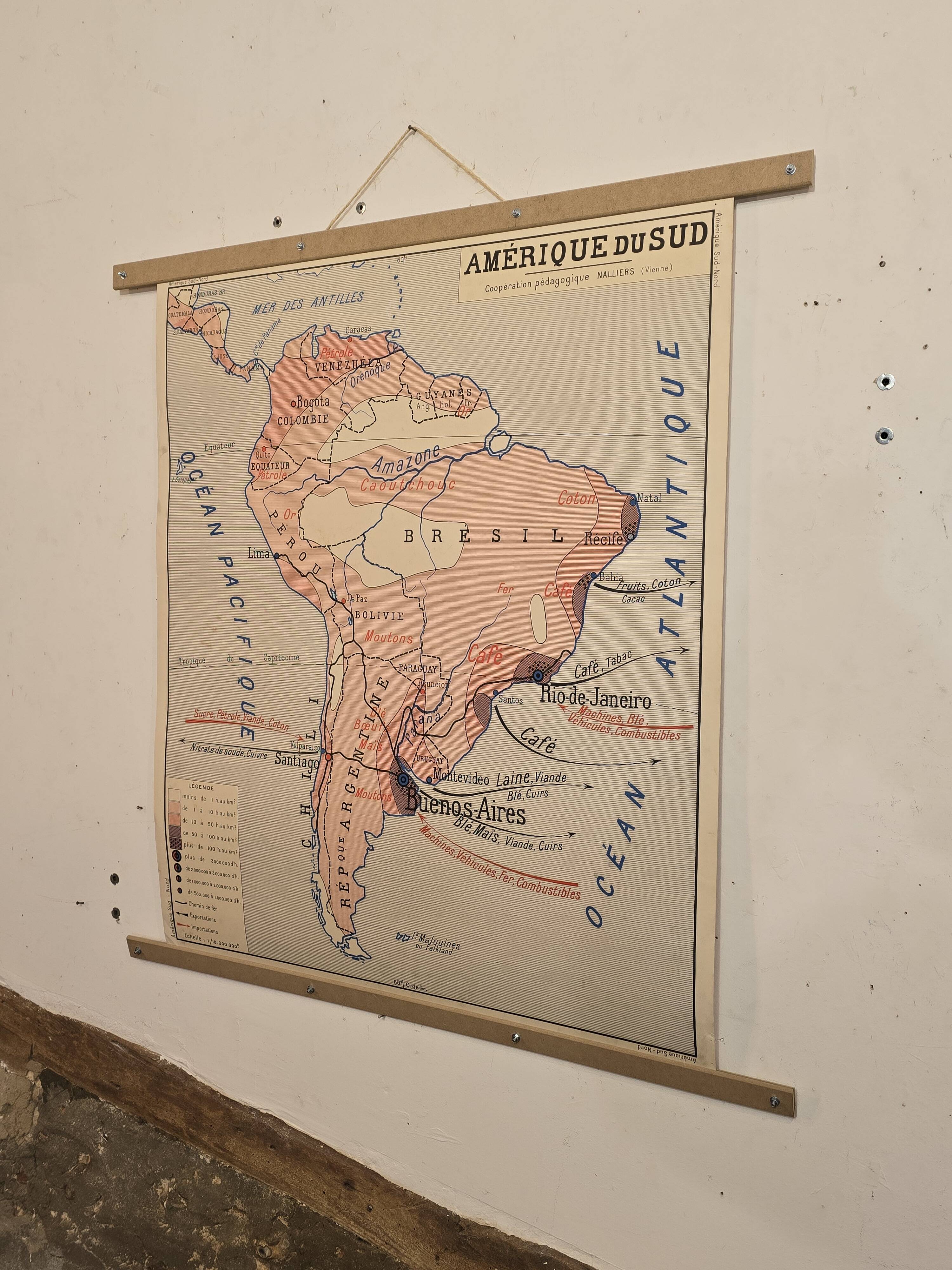 Old geography map / school map South America North America