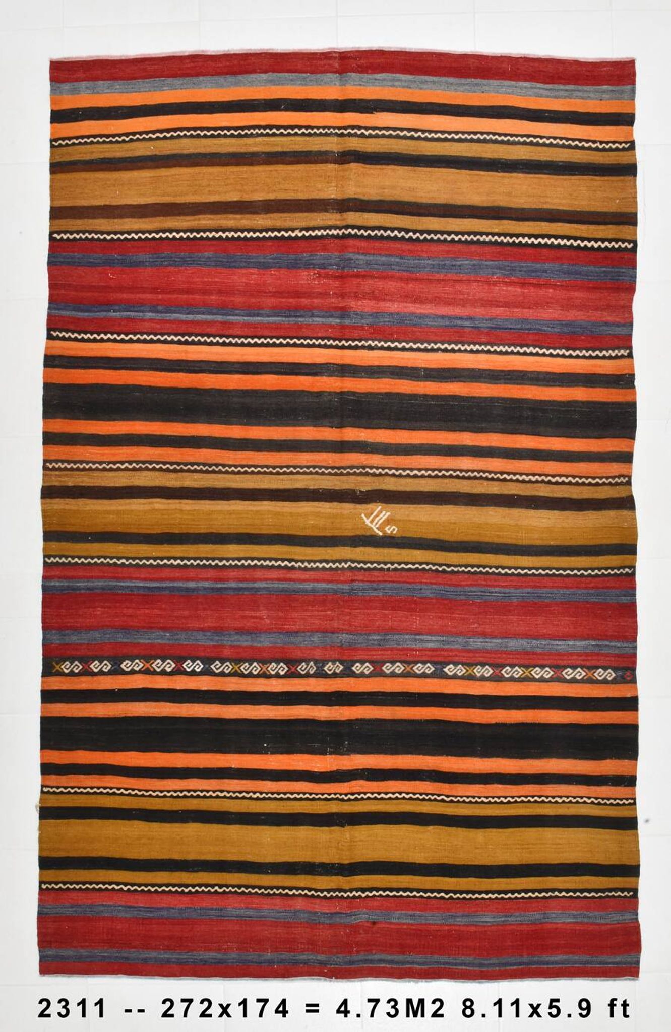 6x9 Green Orange Striped Turkish Vintage Kilim Rug 174x272Cm SK 2311