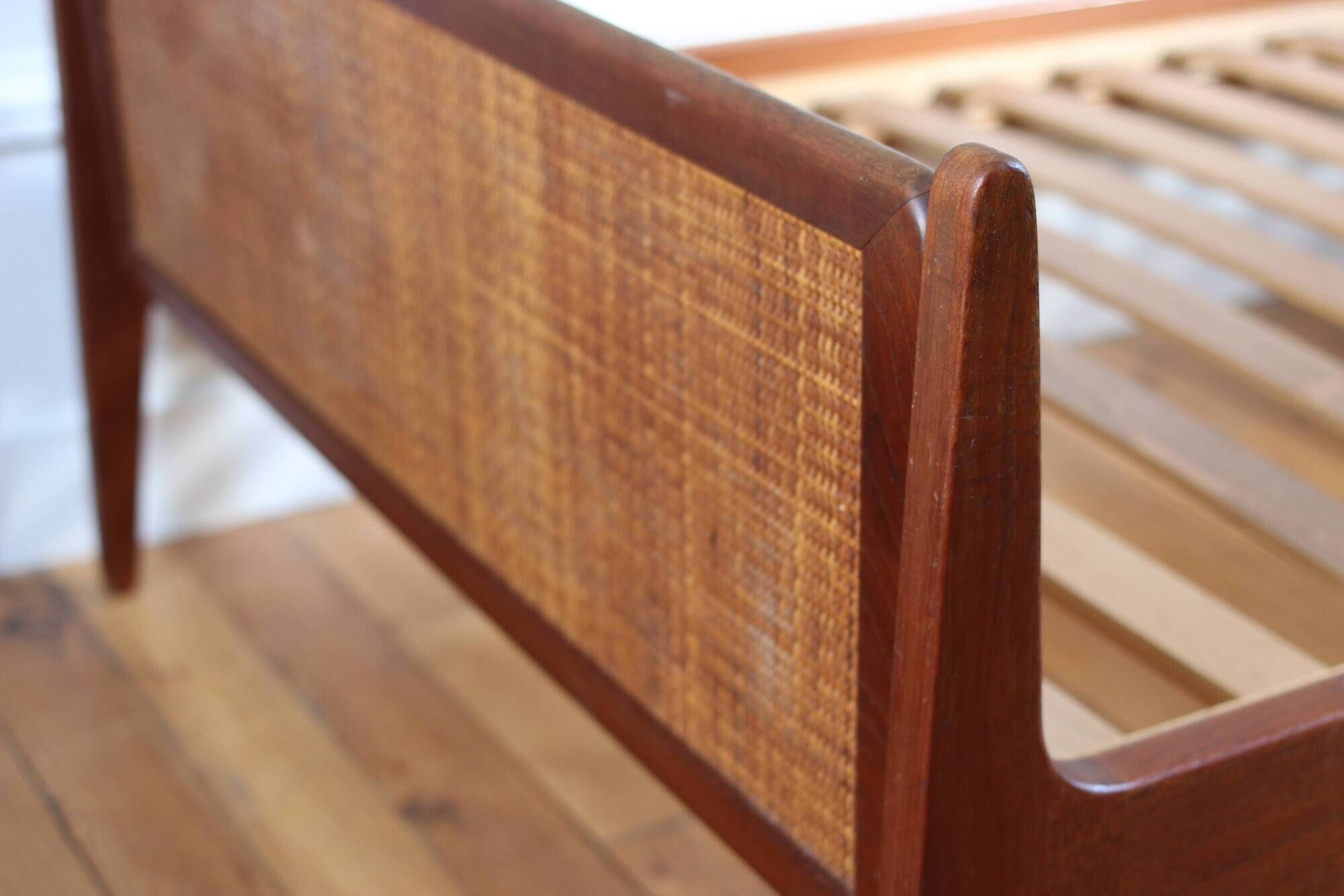 Vintage Scandinavian wicker and teak bed, Denmark 1960.