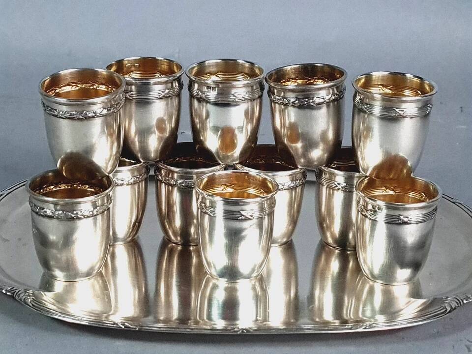 Antique silver-plated/gold liquor service with 12 goblets, tray + case.