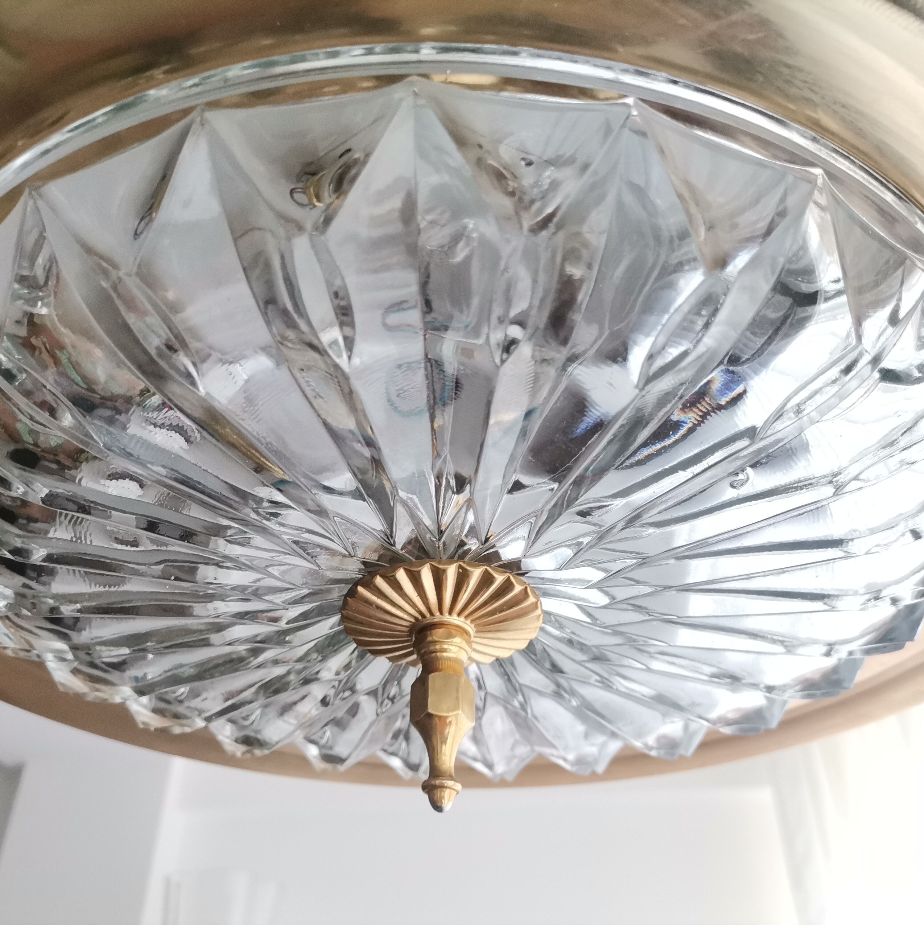 1960s mid century cream metal and crystal pull down large hanging lamp