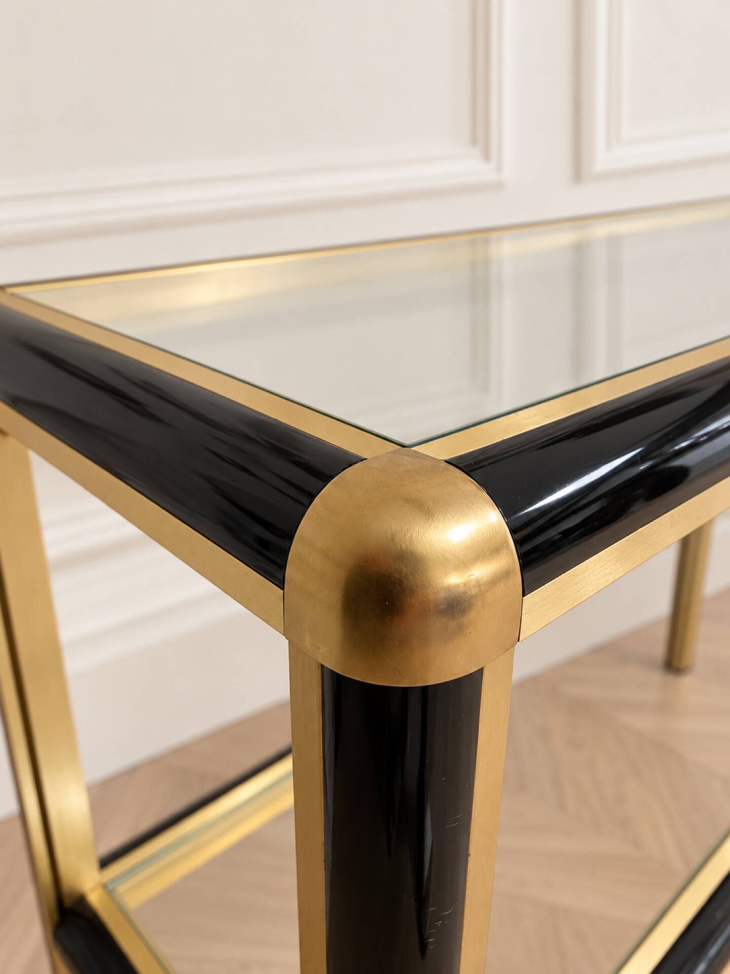 Vintage black and gold console with two glass shelves – 70s/80s