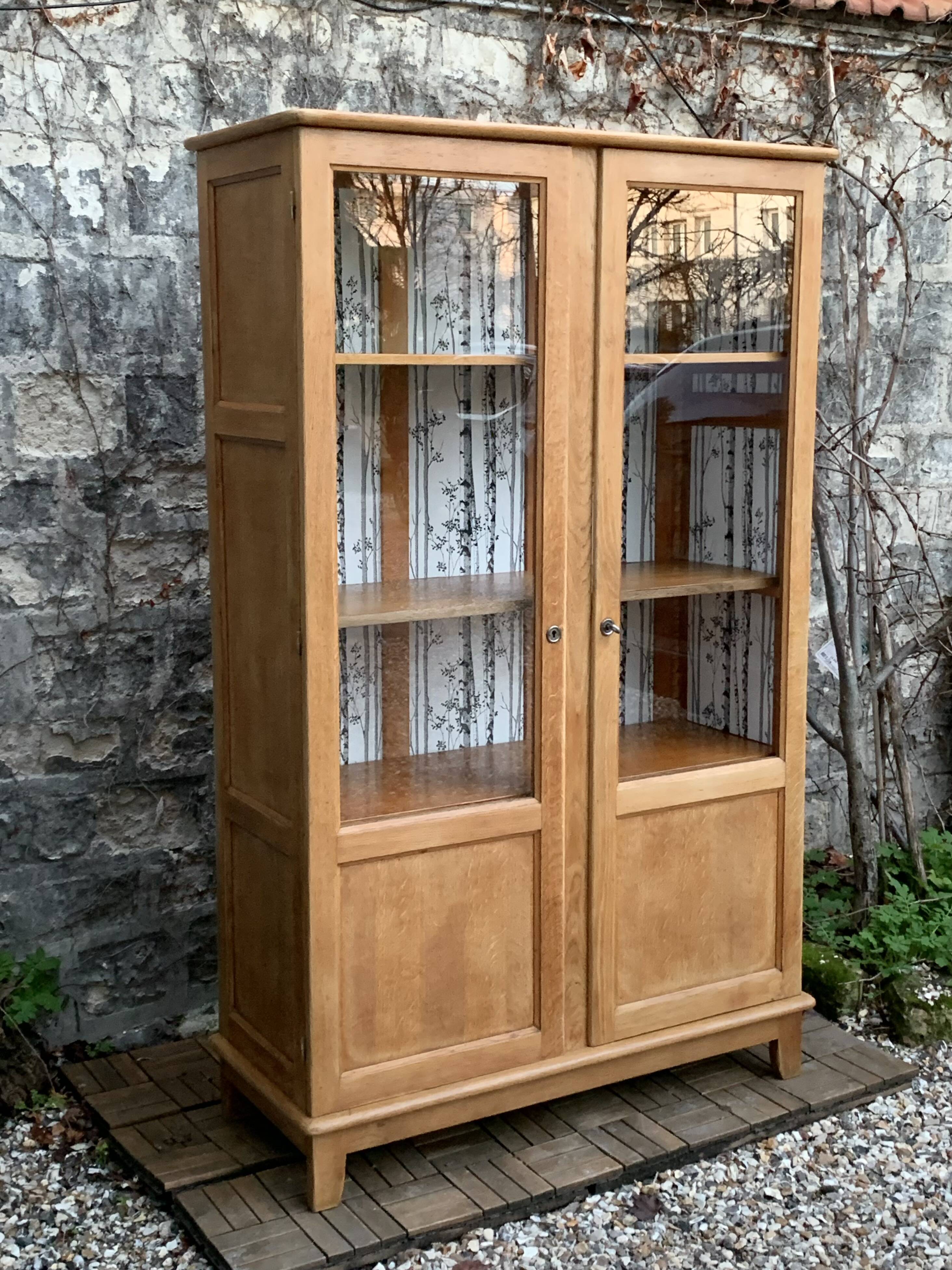 Solid raw oak school glass cabinet 1950