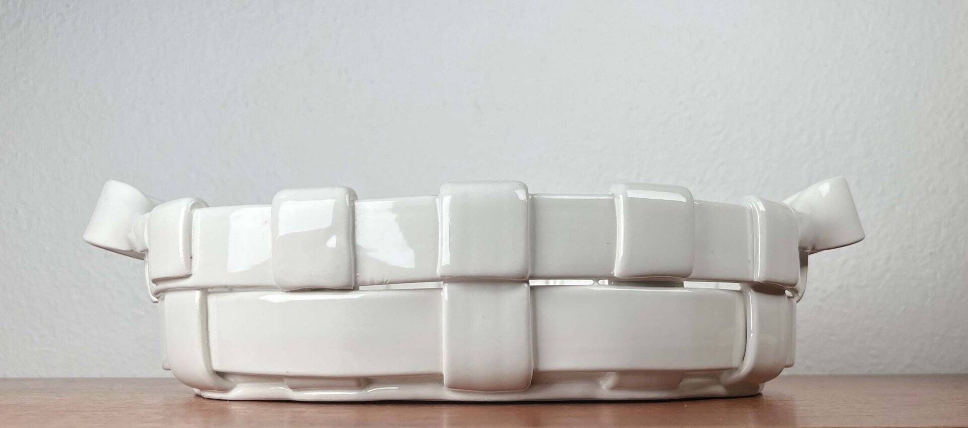 Vintage Italian woven basket in white ceramic