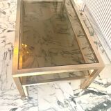 Vintage coffee table in gold-plated metal, brass-style, smoked glass, circa 1970