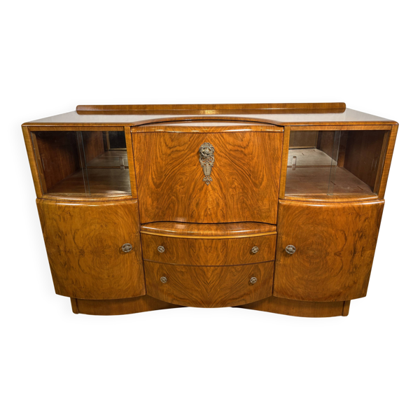 Buffet de cocktail vintage en noyer burr Art Déco Beautility 1930-1940