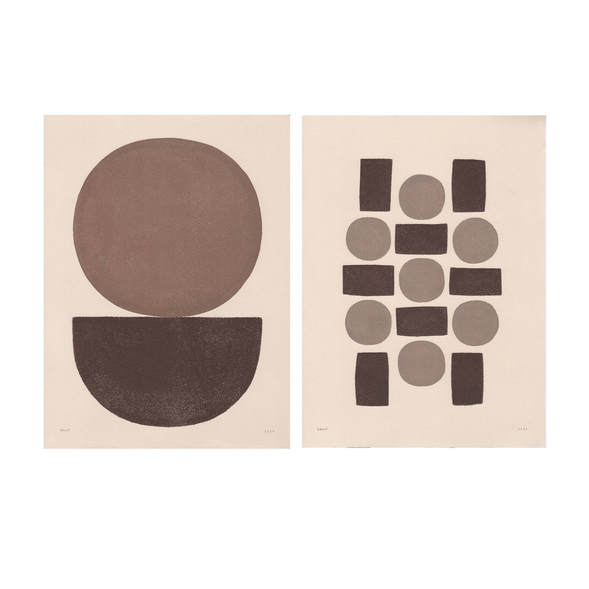 Duo of abstract paintings with geometric brown illustration signed Eawy.