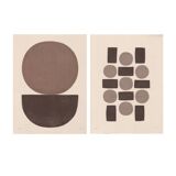 Duo of abstract paintings with geometric brown illustration signed Eawy.