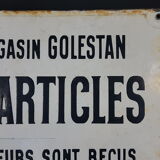 Old enamelled plaque "Golestan Store, Thousand Items" Vintage.