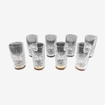 Suite of 8 crystal shot and brass glasses