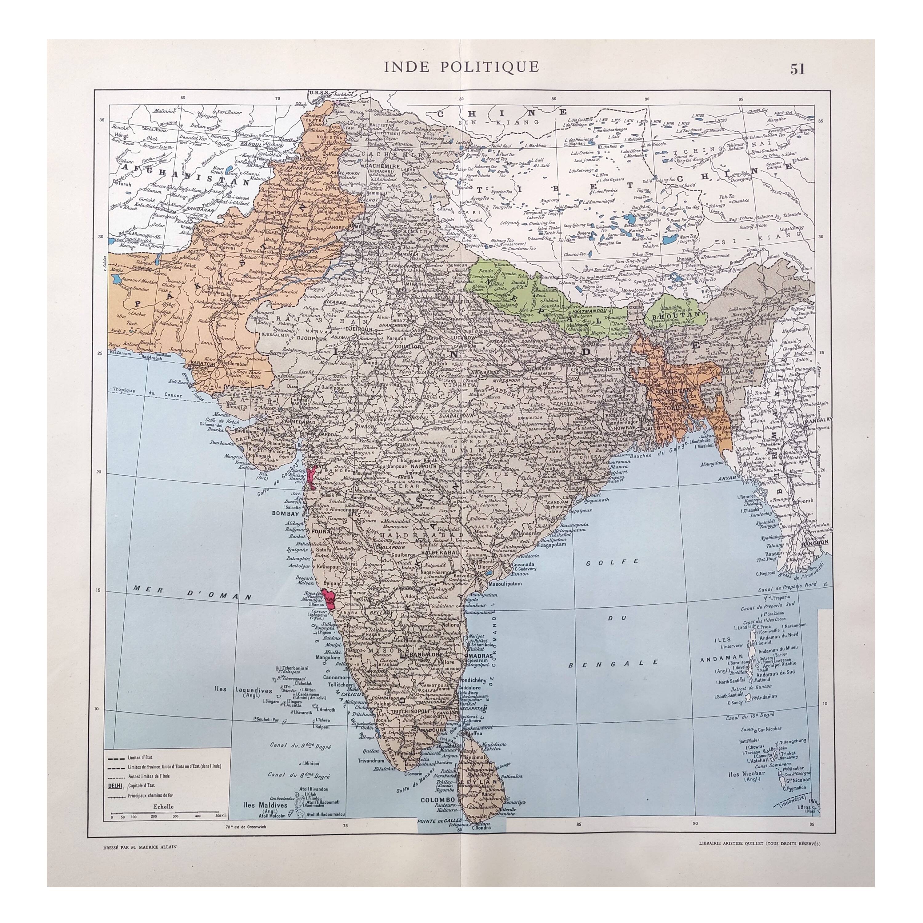 Vintage map of India 43x43cm from 1950