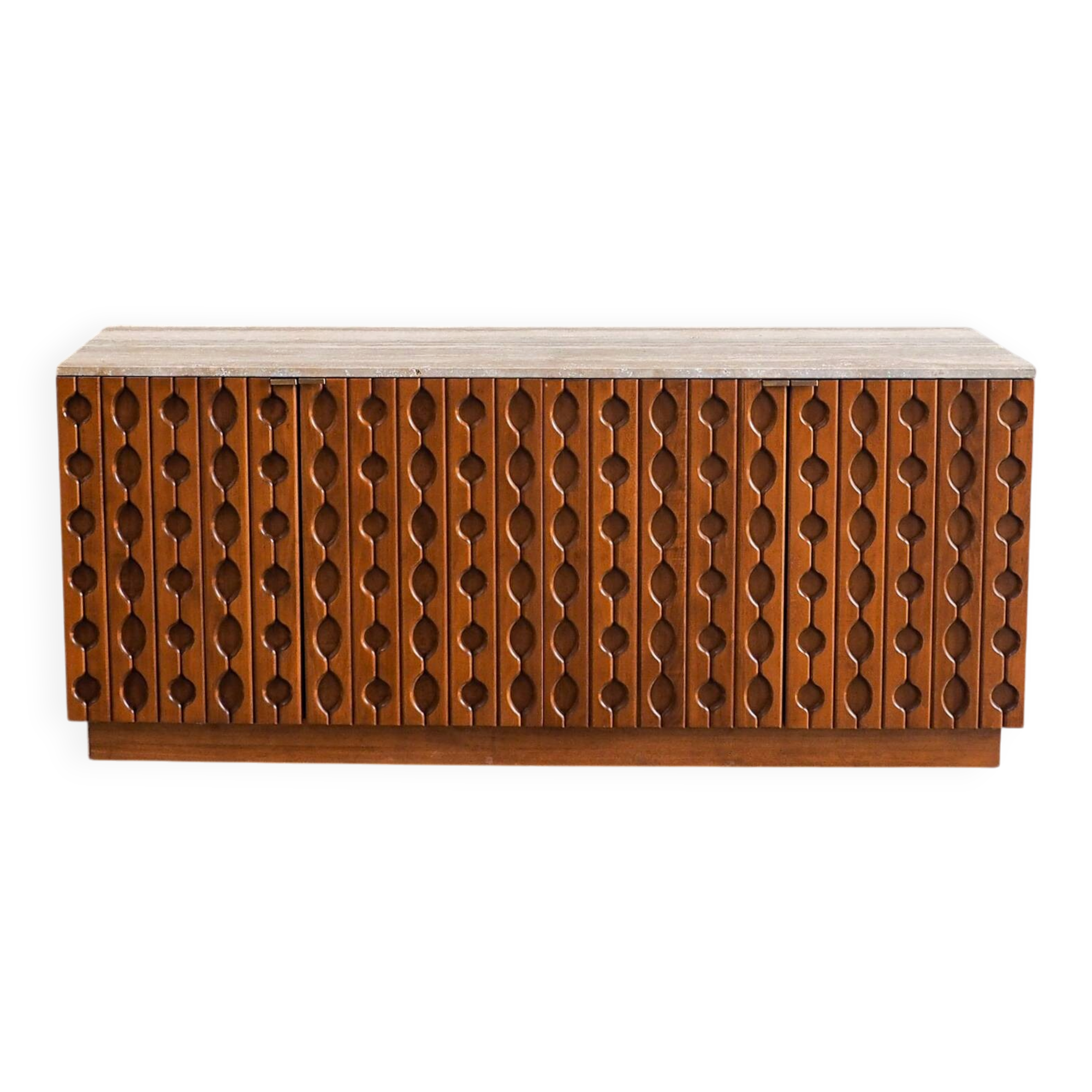 Contemporary Brutalist Carved Wood Sideboard With Travertine Top In review