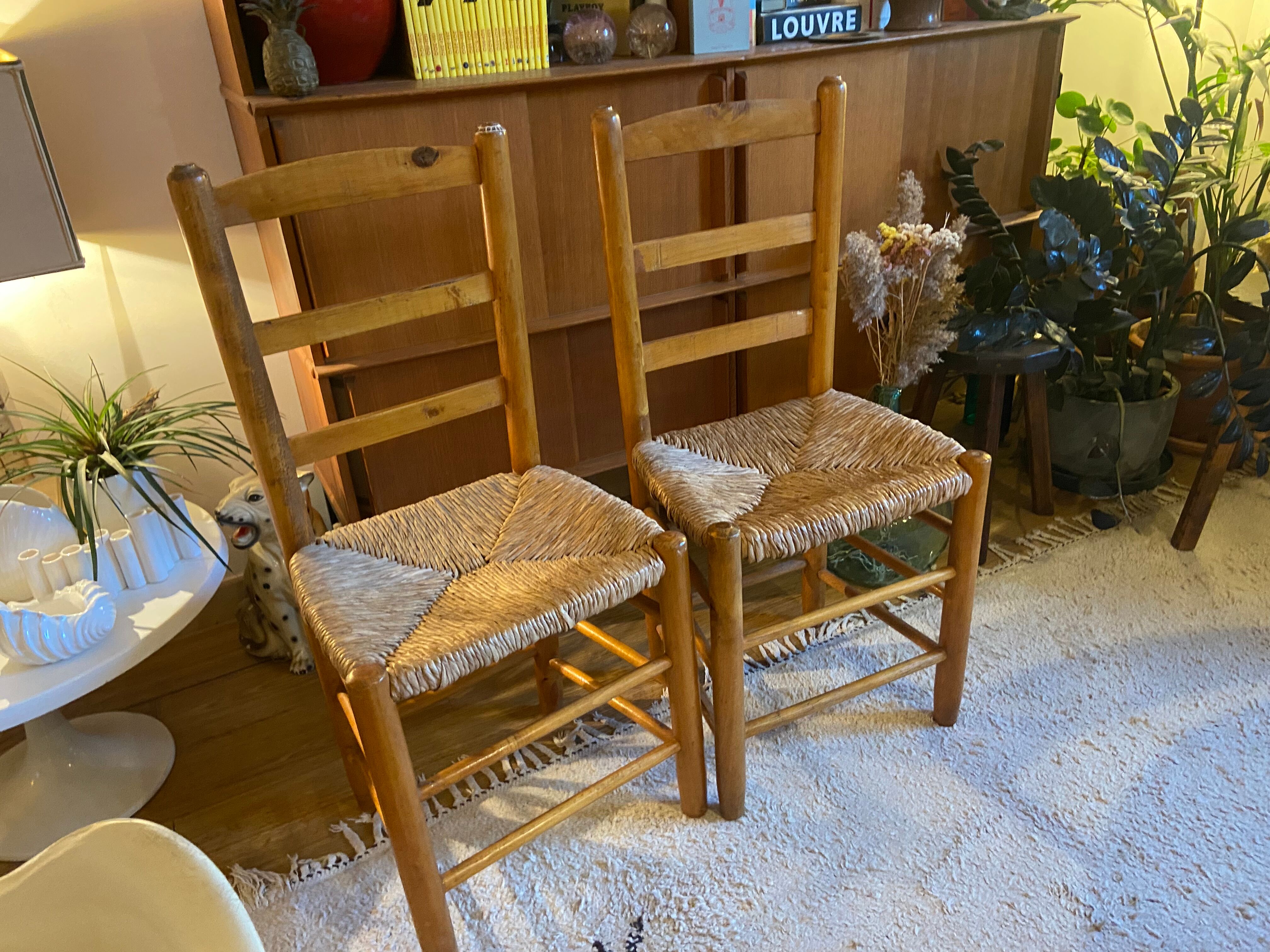 Paire de chaises en paille et bois vintage