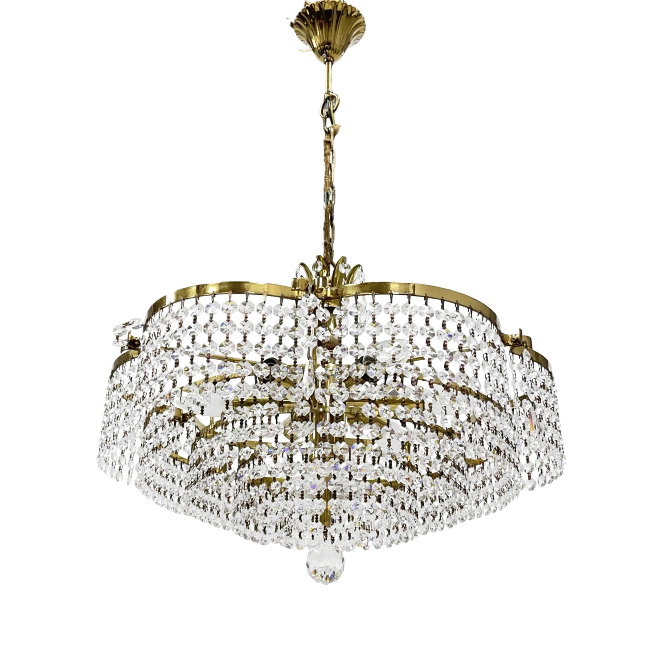 Vintage basket crystal chandelier Bakalowits & Söhne brass, Austria 1970s
