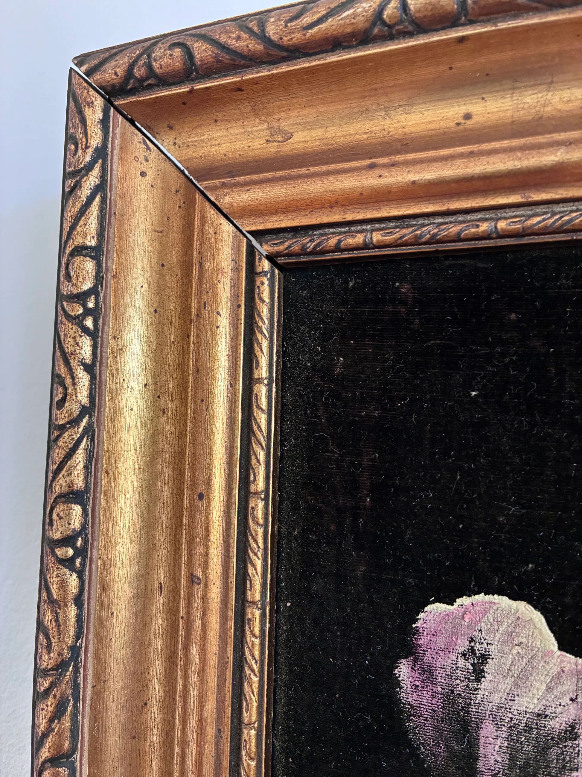 Vintage original velvet flower oil painting, pink flower still life art