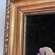 Vintage original velvet flower oil painting, pink flower still life art