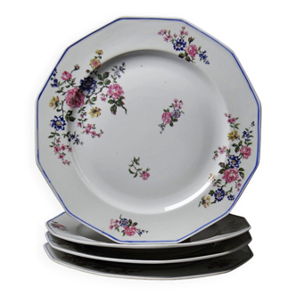 4 flat plates by Bernardaud, Limoges porcelain, floral decoration from the 1920s to 1950s.