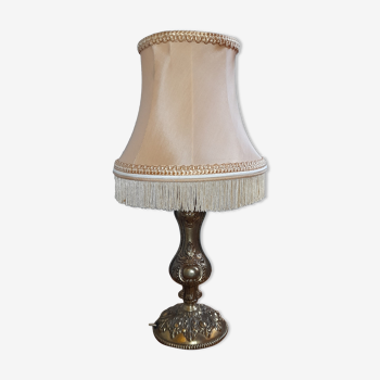 Bronze foot table lamp, honey colored silk pagoda lampshade