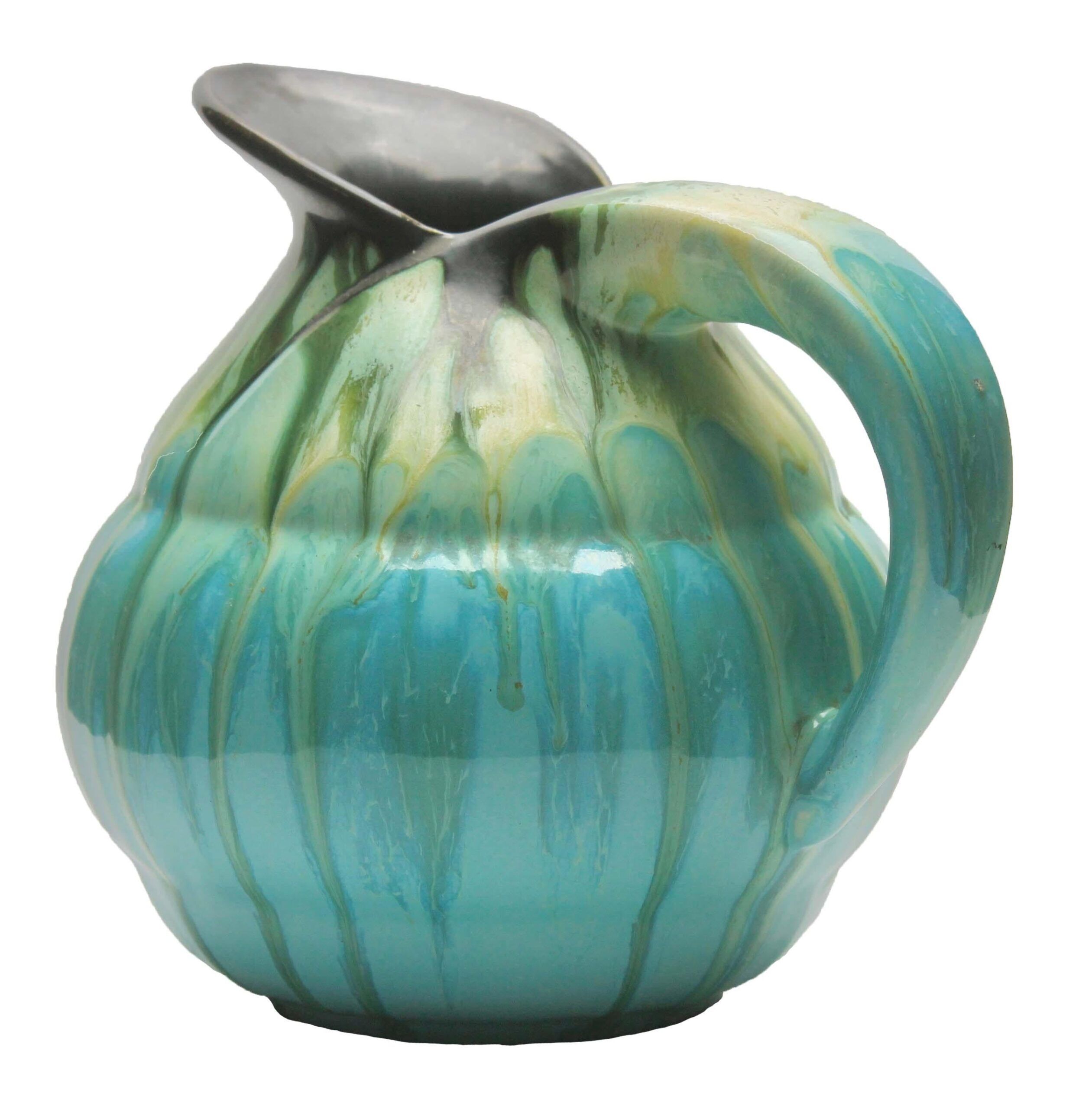Ceramic pitcher glaze drop light blue, signed belgium