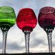 Set of 3 colored wine glasses - Ruby, red, green, gold and twisted foot