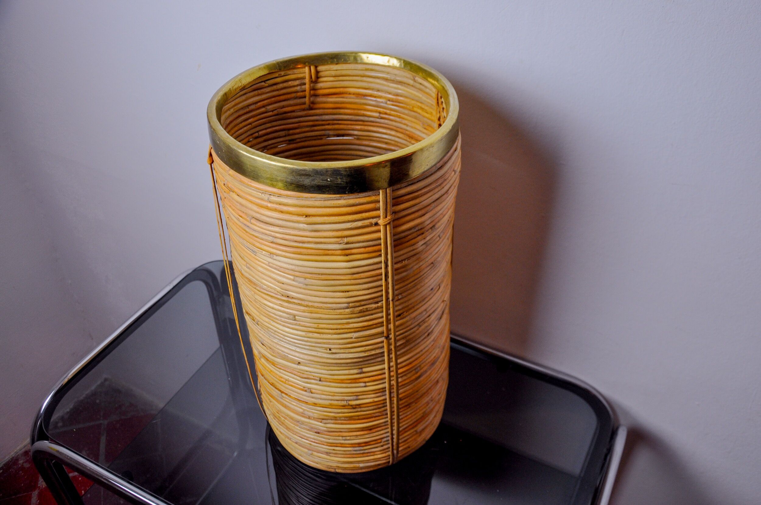 Rattan and brass umbrella stand, Italy, 1970