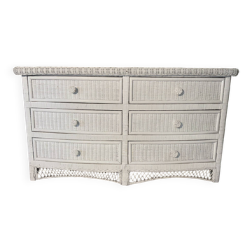 Commode vintage en rotin blanc tressé à 6 tiroirs