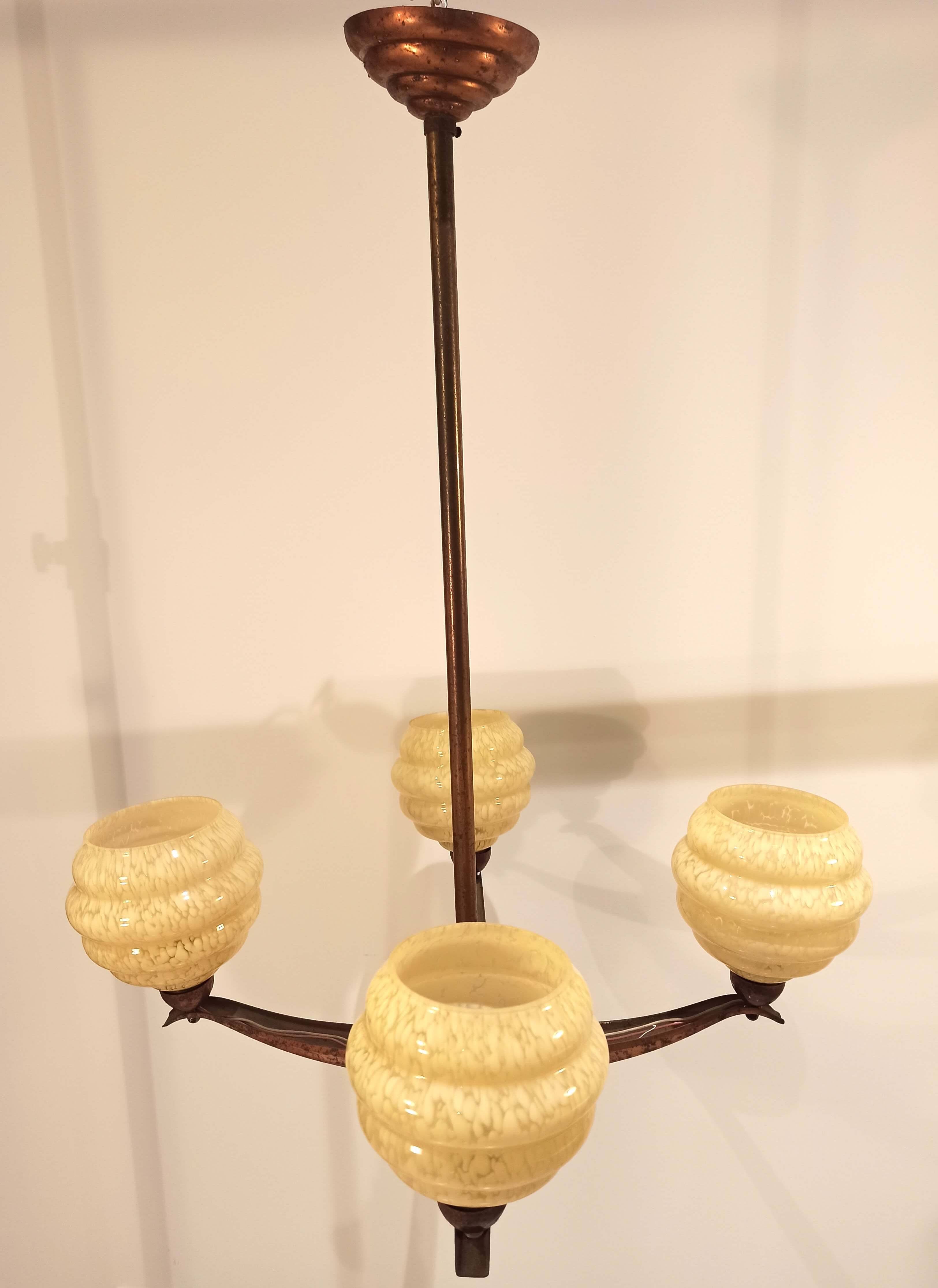 Art deco chandelier 4 globes clichy and copper glass