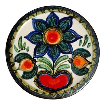 Assiette décorative années 70 motif fleur et coeur stylisés