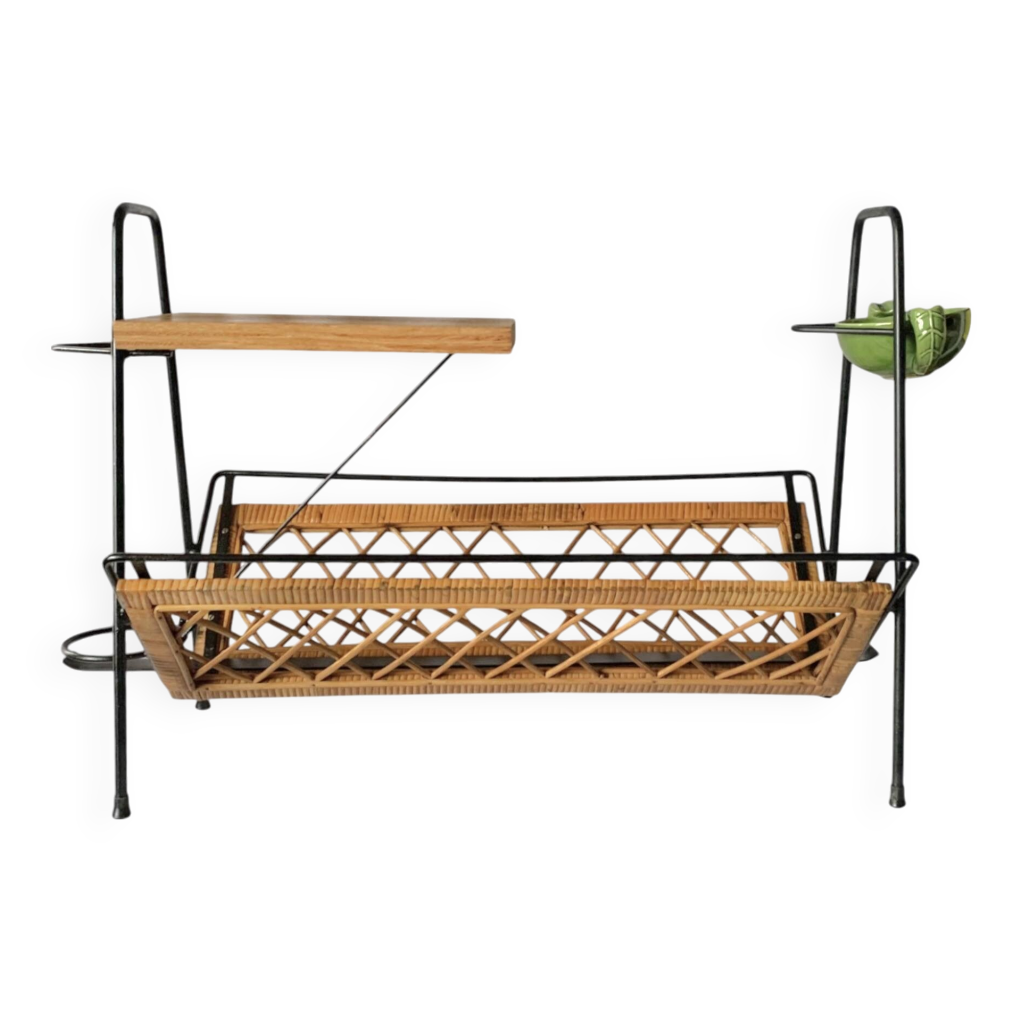 Vintage magazine rack in black metal, wood and rattan with ceramic ashtray