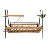 Vintage magazine rack in black metal, wood and rattan with ceramic ashtray