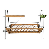 Vintage magazine rack in black metal, wood and rattan with ceramic ashtray