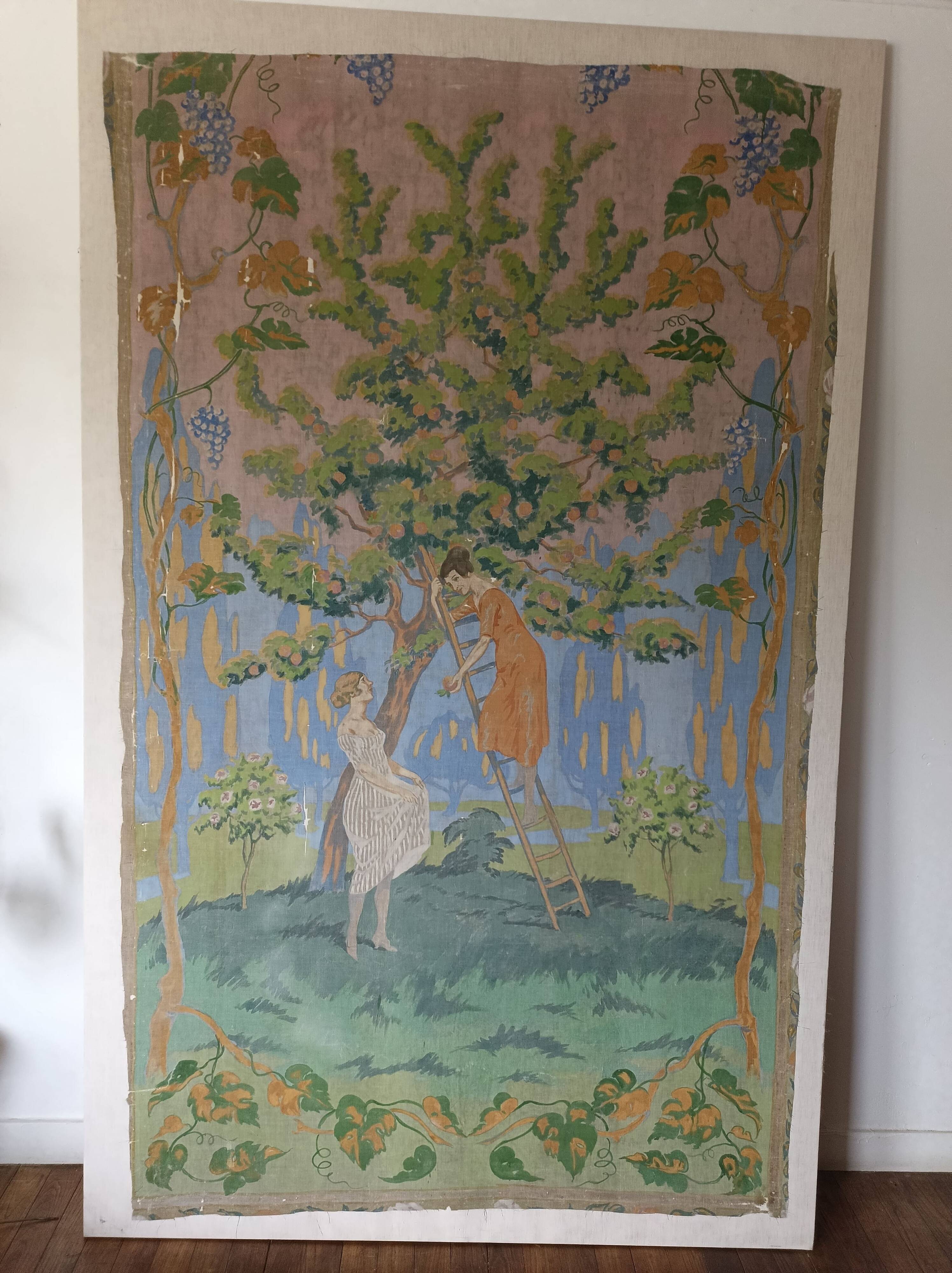Large painting on canvas from the 20th century mounted on a frame - rural scene.