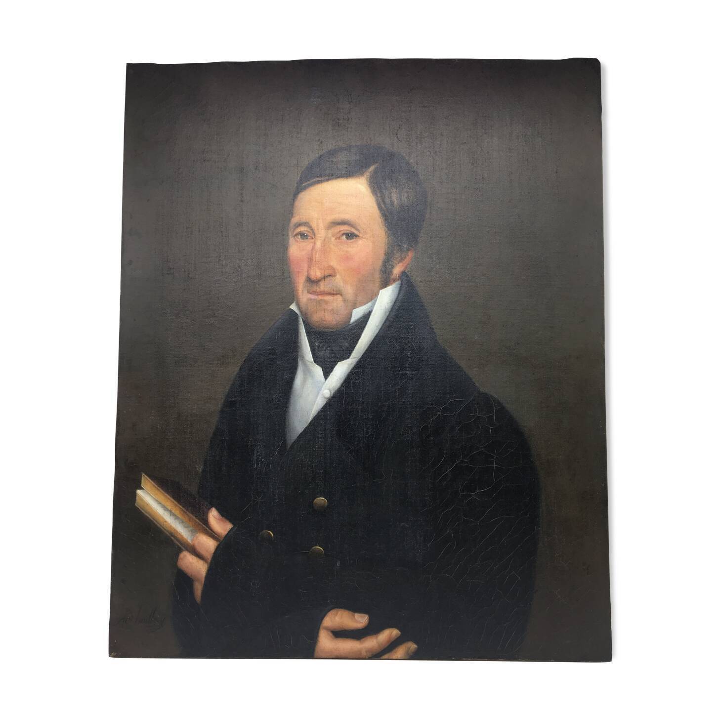 Signed painting, portrait of a gentleman with a book and an earring: 19th century