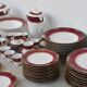 Elegant mid-century Japanese bone china service for 12 in white and noble red