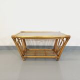 Vintage coffee table in smoked glass and rattan from the 70s