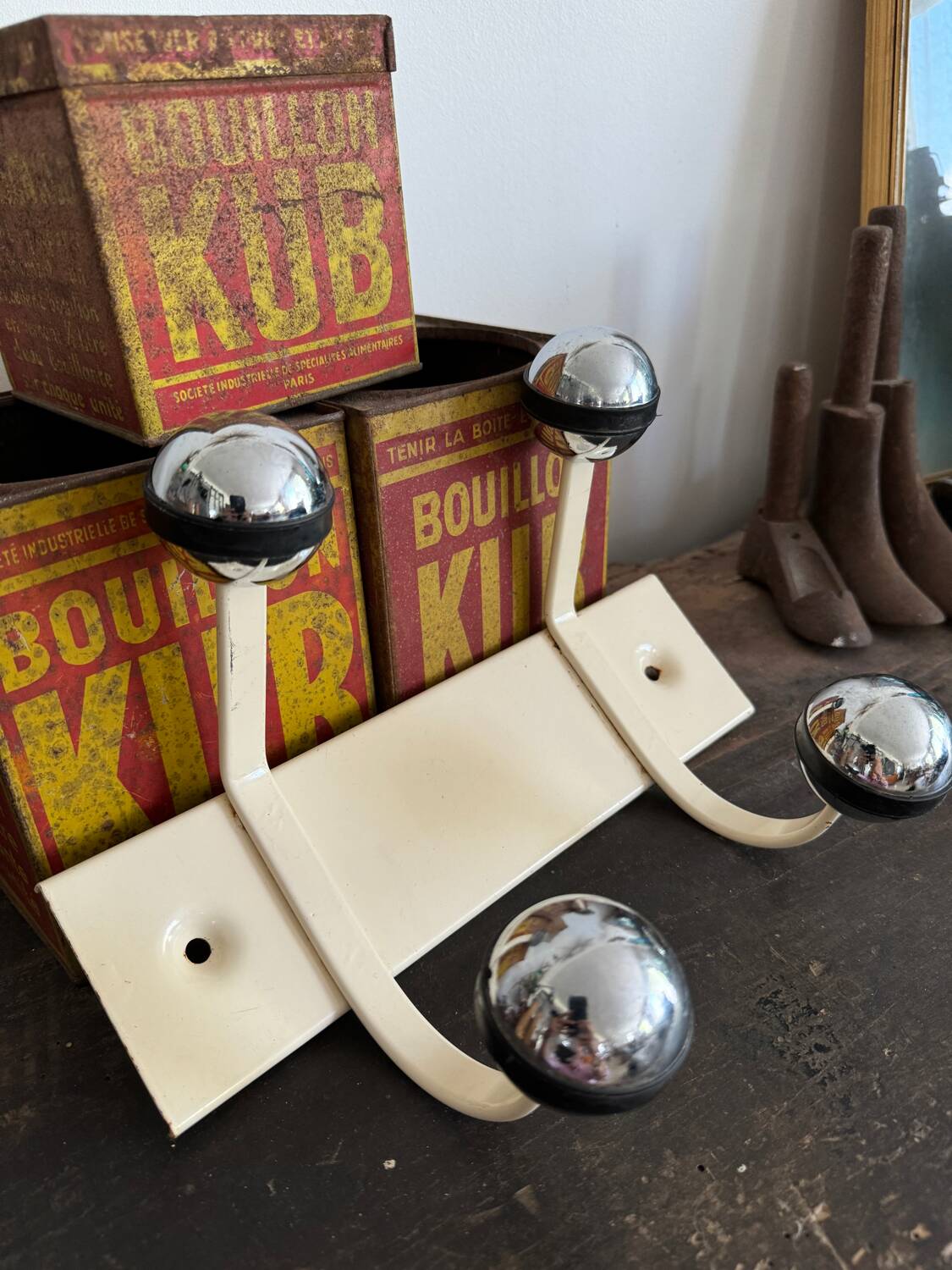 Wall coat rack with 2 vintage ball hooks