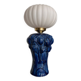 Vintage blue globe table lamp with white pleated globe