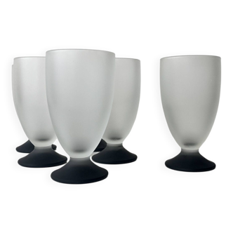 6 verres a pied vintage en opaline noire et verre fumé, vers 1950