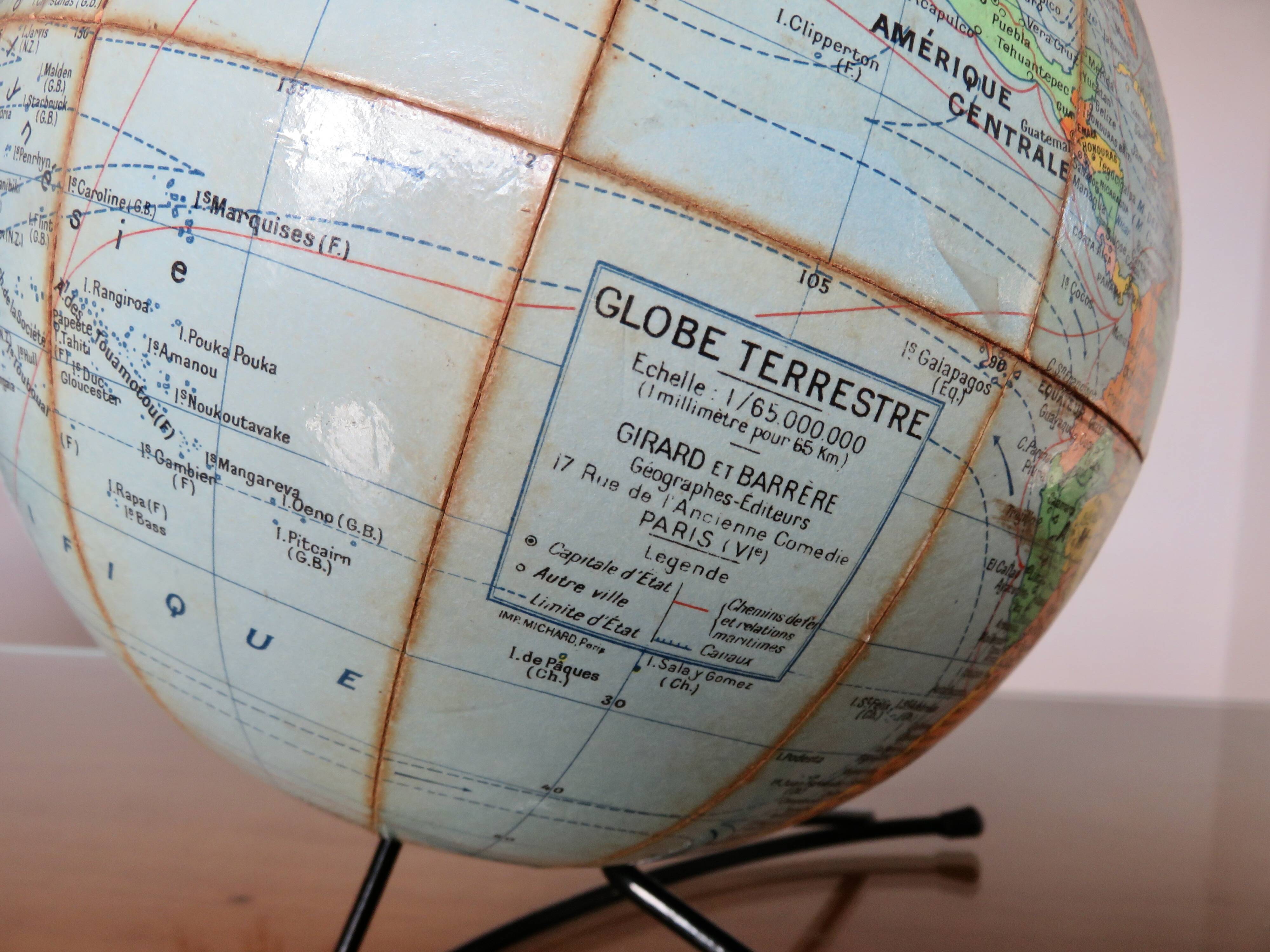 World map, terrestrial globe, Girard & Barrère edition, 1960s-70s