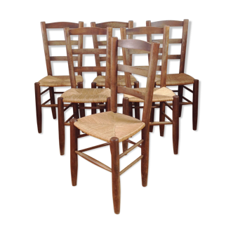 6 chaises paillées en bois style ferme rustique