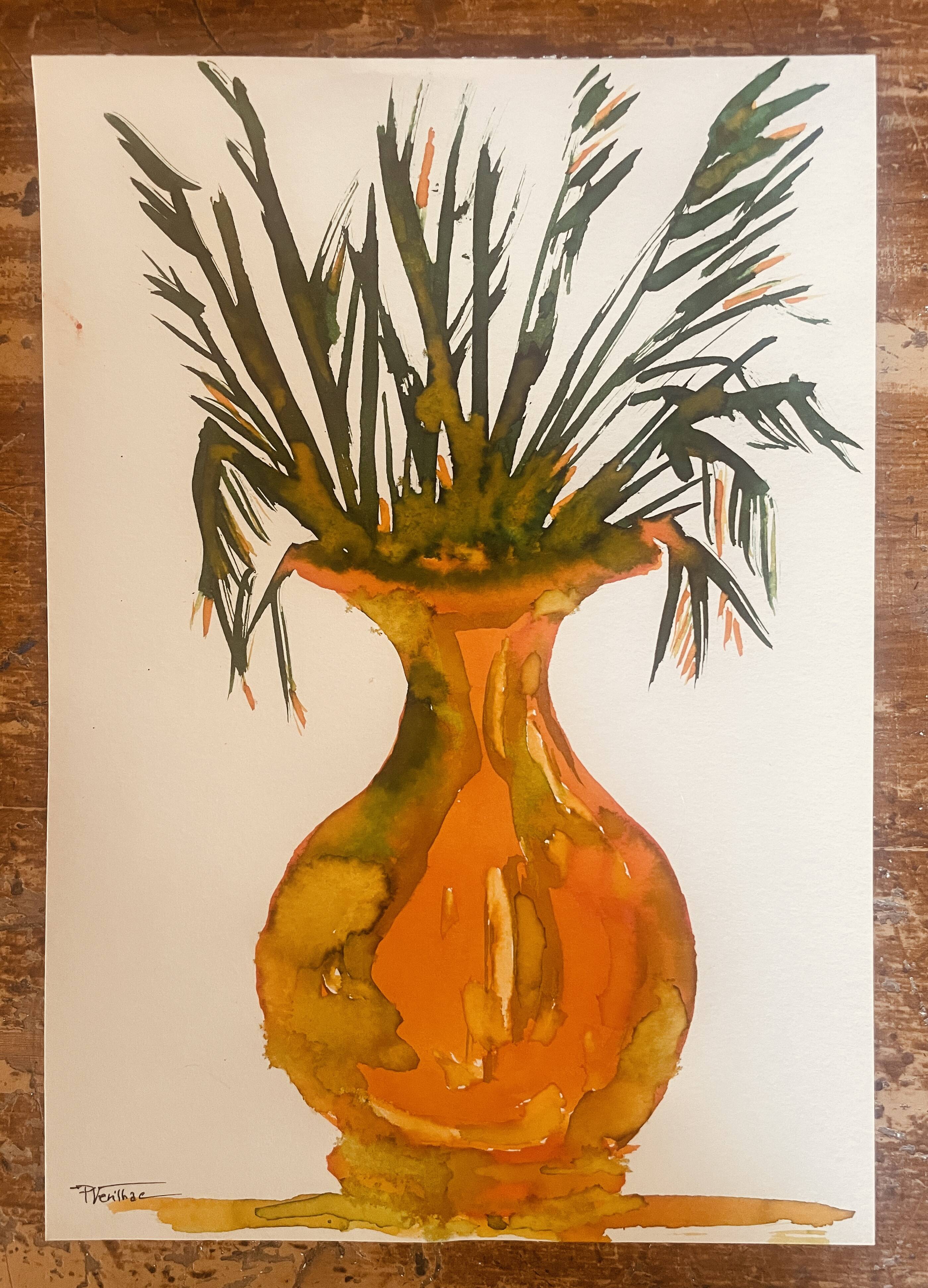Tableau signé, nature morte « jarre provençale ornée de plantes »