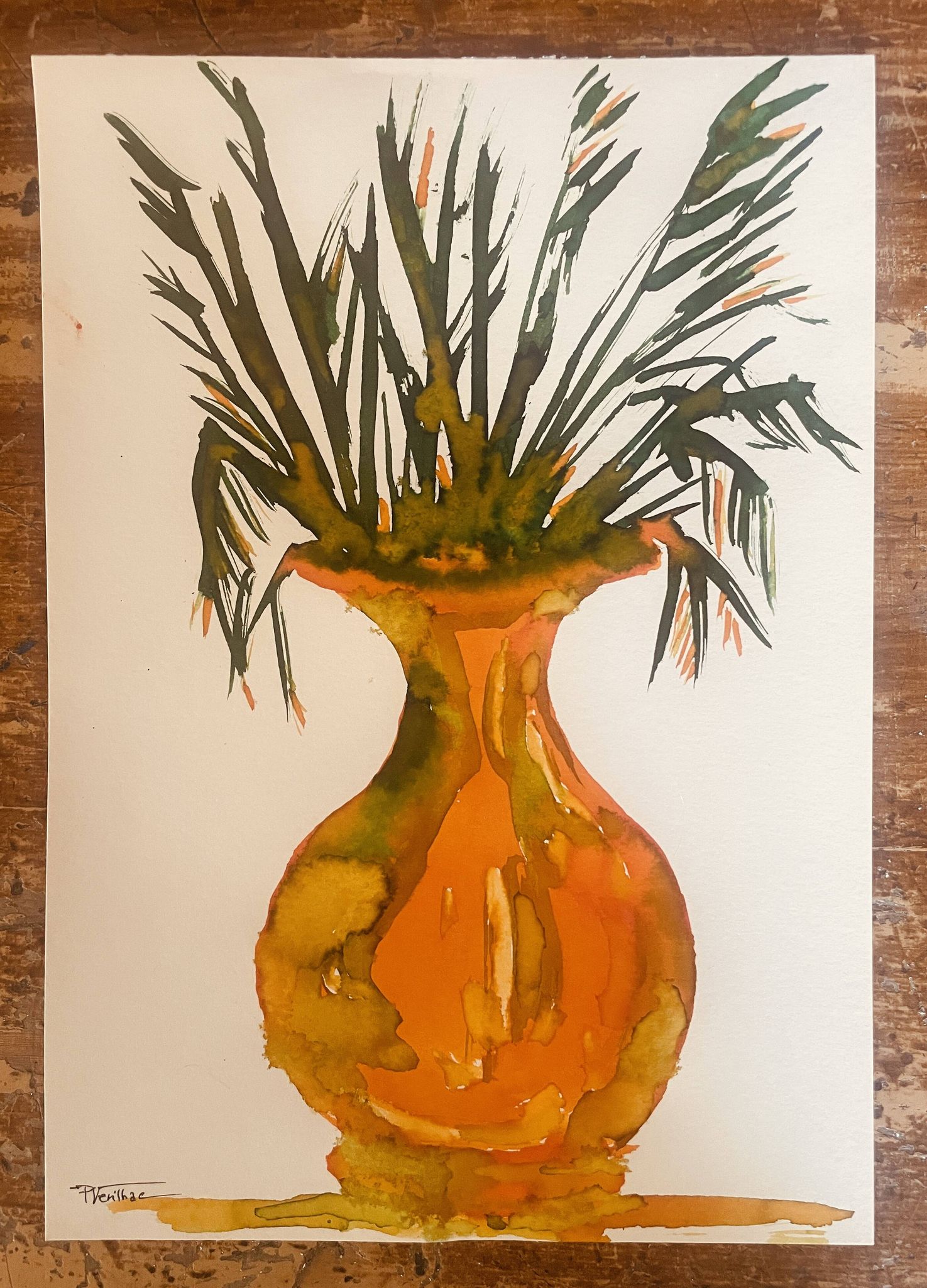Tableau signé, nature morte « jarre provençale ornée de plantes »