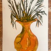 Tableau signé, nature morte « jarre provençale ornée de plantes »