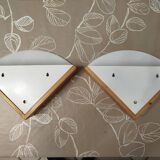 Pair of postmodern wood and plexiglass wall lights from the 1980s.